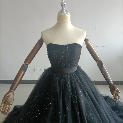 高品質！パーティードレス 黒 キラキラチュール ベアトップ トレーン  