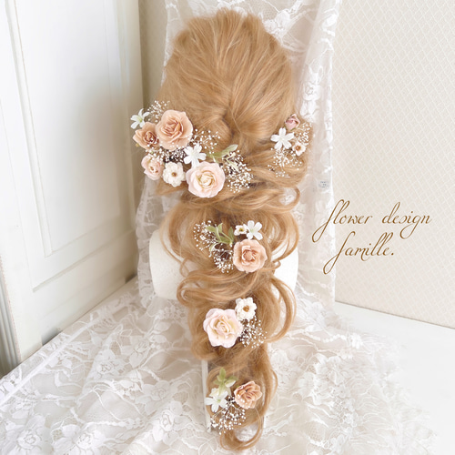 上品 ✧ ニュアンスベージュ × ホワイト × グリーンカラー 髪飾り