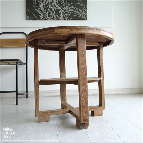 チーク無垢材 ヴィンテージサイドテーブルAnqbo16 丸テーブル 什器 コーヒーテーブル 一点物 再生家具 無垢材家具 1枚目の画像