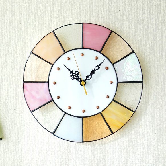 28㎝φ・ステンドグラスの時計（掛時計・置時計）パラソル（ピンク・オレンジ系）※受注制作【新作2024】 6枚目の画像