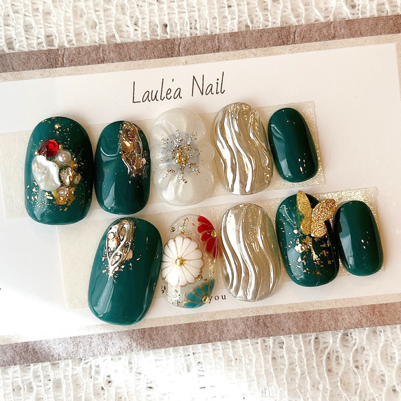 和柄ネイル/卒業式/成人式/蝶々/花柄/ぷっくりフラワー/グリーン  