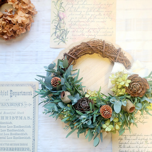 ユーカリと薔薇のリース　ドライフラワーリース ドライフラワーリース＊ユーカリ紫陽花＊ リース なぎのおみせ