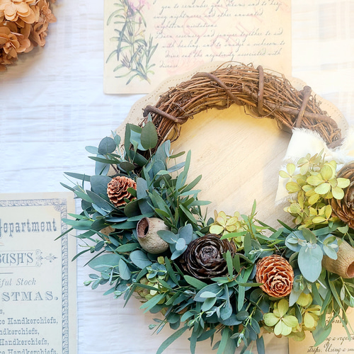 fs ユーカリとシダーローズのナチュラルドライフラワーリース  