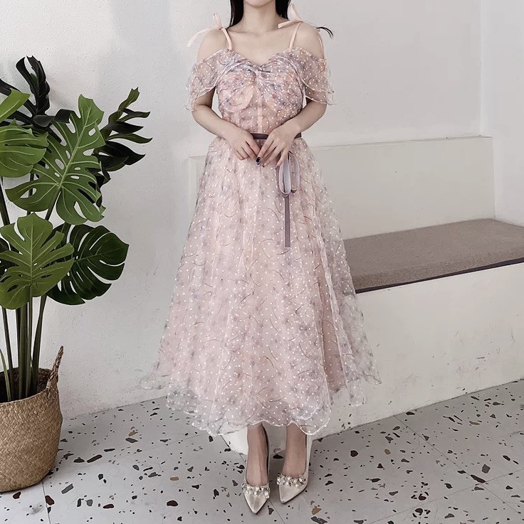 美品！袖あり　花柄チュール　Aライン　サッシュベルト パープル水玉プリント　ピンク　ワンピース　パーティー/成人式/音楽