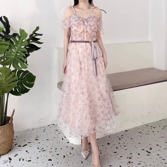 美品！袖あり 花柄チュール Aライン サッシュベルト パープル水玉