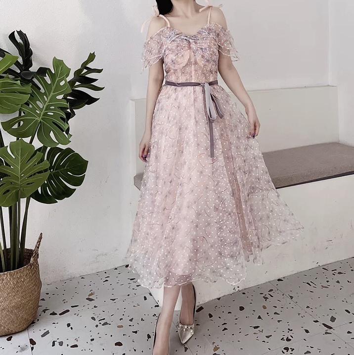 美品！袖あり　花柄チュール　Aライン　サッシュベルト パープル水玉プリント　ピンク　ワンピース　パーティー/成人式/音楽