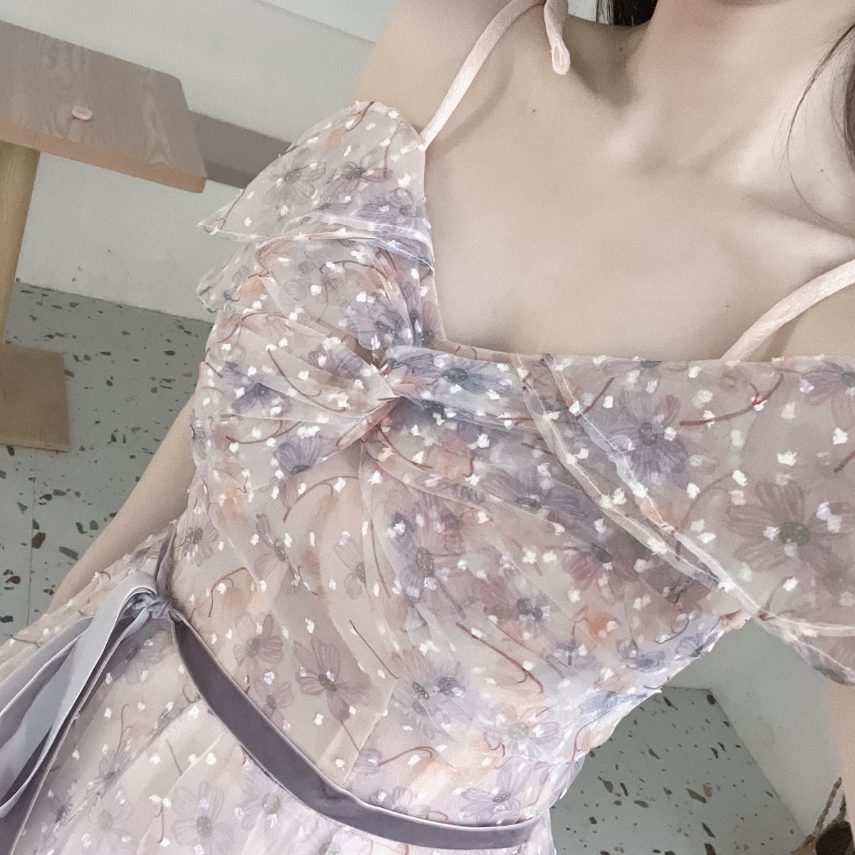 美品！袖あり　花柄チュール　Aライン　サッシュベルト パープル水玉プリント　ピンク　ワンピース　パーティー/成人式/音楽