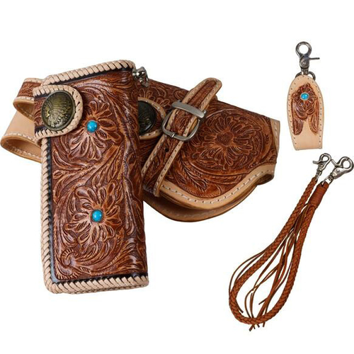 4点セット ハンドメイド 牛革 カービング 長財布 ホルダー バイカー  