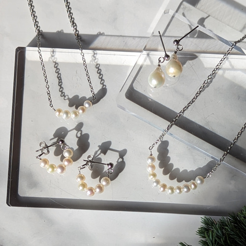 8★遺品整理★アクセサリー★ネックレス★パール★指輪★イヤリングなど マグネット仕様】貝パールネックレス・耳飾りセット《8㎜玉/42cm》