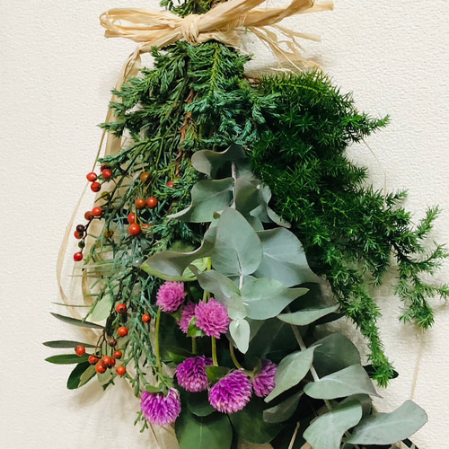 ドライフラワースワッグ ユーカリ ノバラ ヒムロスギ 千日紅 ポポラス