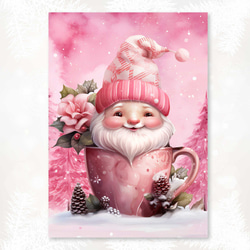 ピンクグラデーションのホリデーを彩る、カップに抱かれた可愛いノームのおしゃれなクリスマスポスター 3枚目の画像