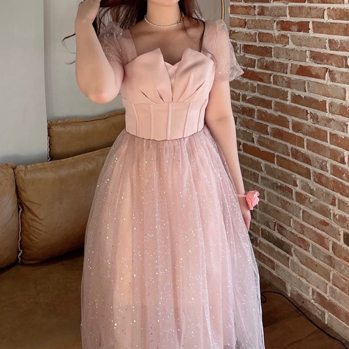 ドレス スクエアネック パフスリーブ ピンク パーティー 結婚式 ドレス スクエアネック パフスリーブ ピンク パーティー 結婚式