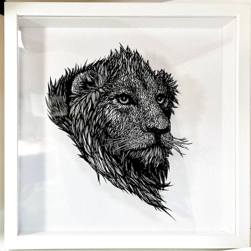 切り絵/モノトーン「ライオン（マサラライオン）」25cm角/額あり