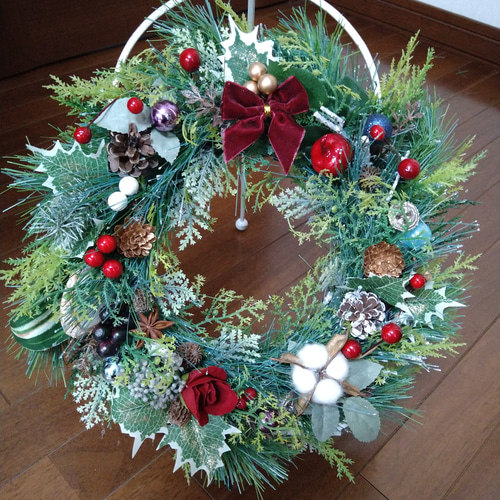 電飾リース/グリーンとブルーの電飾Xmasリース/プンゲンス/ヒムロ杉 電飾リース/グリーンとブルーの電飾Xmasリース/プンゲンス/ヒムロ杉 電飾