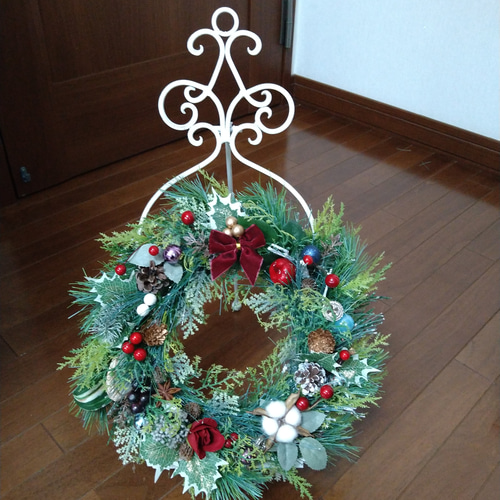 電飾リース/グリーンとブルーの電飾Xmasリース/プンゲンス/ヒムロ杉