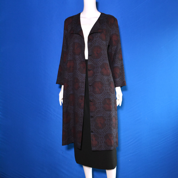 着物リメイク　ロングワンピース＆ロングコート(絹藍染め）裏地付き 1枚目の画像