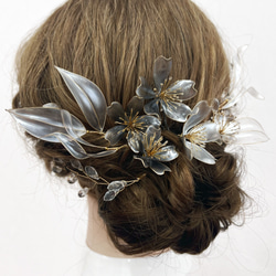 桜 -黒銀- ヘッドドレス 髪飾り ディップアート アメリカンフラワー 入学式 卒業式 成人式 結婚式 ウェディング 9枚目の画像