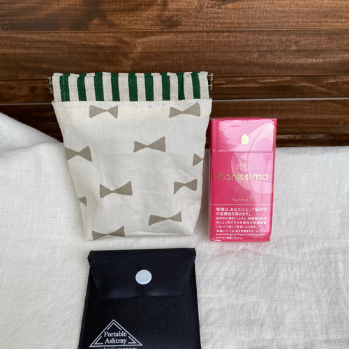 受注製作】再販➁ 角型 リボン×ストライプ 12cmバネポーチ コンパクト  