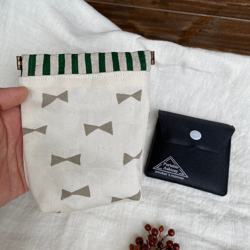 受注製作】再販➁ 角型 リボン×ストライプ 12cmバネポーチ コンパクト  