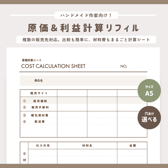 ハンドメイド作家向け】原価＆利益 計算リフィル 15枚セット/A5/6穴/20