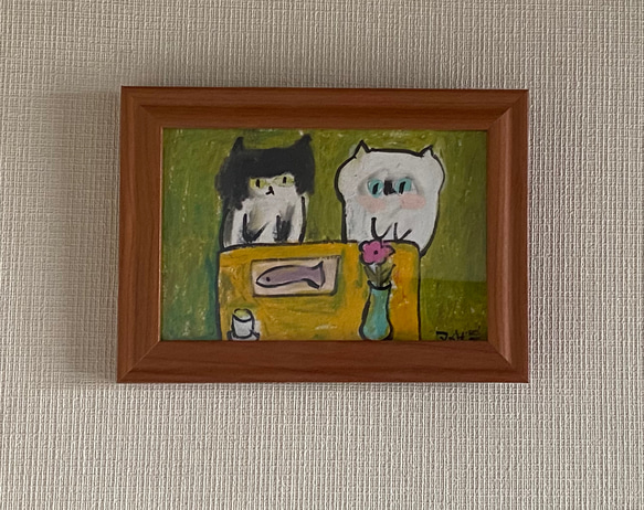 絵画 。原画手描き【黒猫は魚と花を買って好きな猫ちゃんにあげた】 3枚目の画像