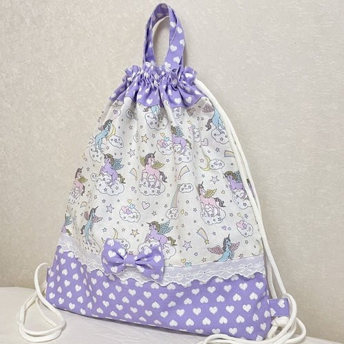 【オーダー品】体操服袋　お着替え袋　パープル　ユニコーン柄　ナップサック型 オーダー品】体操服袋お着替え袋パープルユニコーン柄ナップサック型