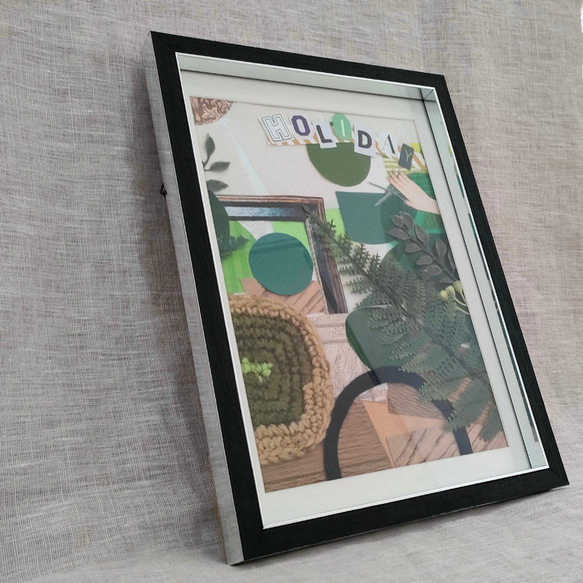 【A4フレーム】額縁 コラージュアート『ホリデー』 額 木製 1点物 ハンドメイド インテリアアート 3枚目の画像