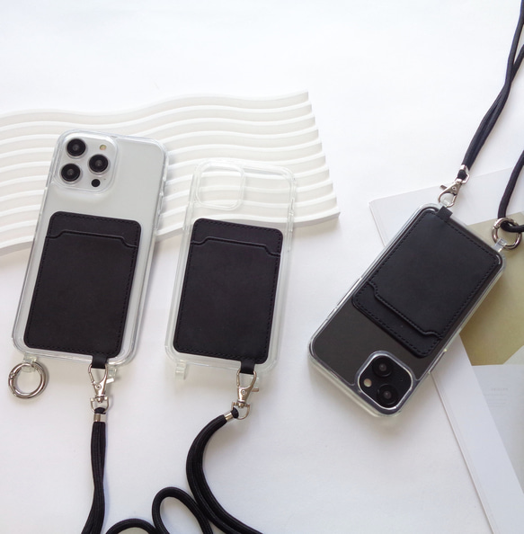 『訳ありな逸品』カードポケット&ショルダーストラップ付き ブラック iphoneクリアケース 2枚目の画像