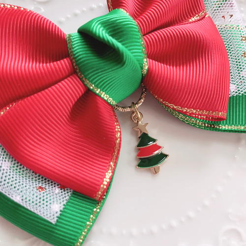 クリスマスリボン 赤×緑 クリスマスツリーチャーム リボンヘア