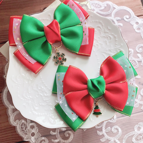 クリスマスリボン 赤×緑 クリスマスツリーチャーム リボンヘア