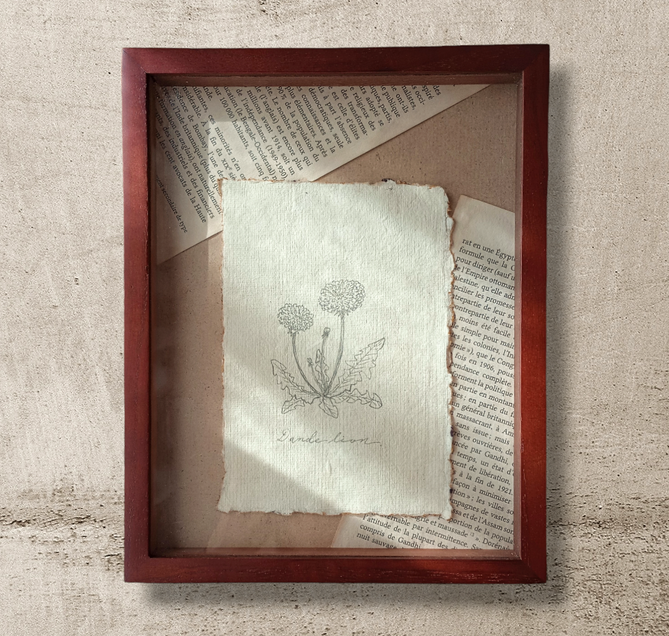 【一点物 ダンディライオン たんぽぽ】 ハーブ 植物 花 ペン画 インテリア アート 木製 アンティーク ヴィンテージ