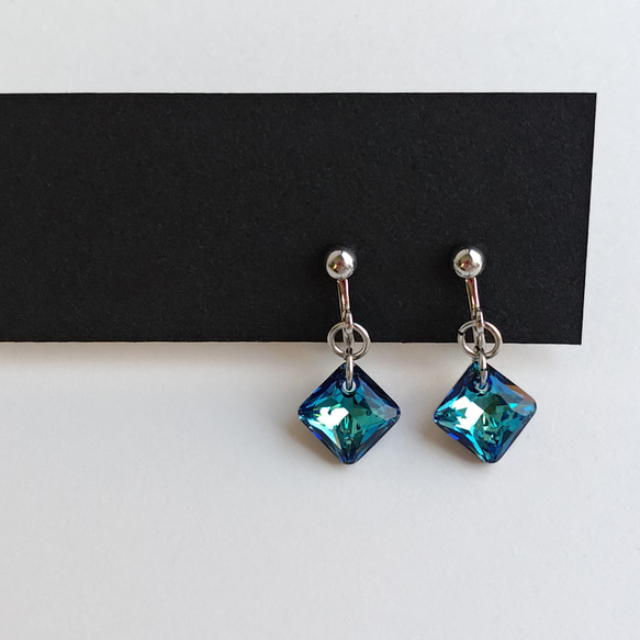 流行色百慕達藍|方形高品質水晶耳環|藍色 第4張的照片