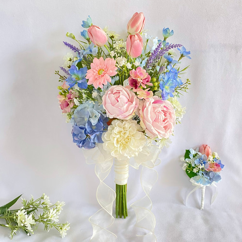 オーダーメイド】ピンクローズ&水色あじさいのフレッシュ クラッチ