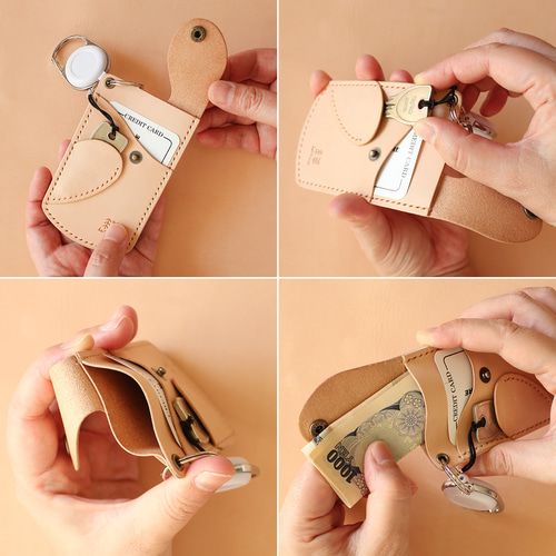 ICパスケース LF-002 ヌメ革 牛革 生成り レザー リール付き