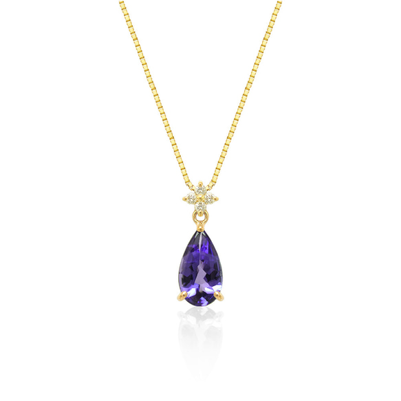 【１点物】美しい青紫 天然石 タンザナイト と ダイヤモンド K18 イエローゴールド ベネチアチェーン ネックレス 2枚目の画像