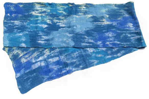 ウールフェルトスカーフ/ウェットフェルトスカーフ/水彩アーティスティックスカーフ/ウールグラデーションスカーフ-地中海ブルースカ 2枚目の画像