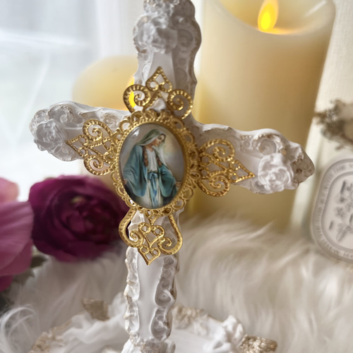 受注販売］十字架飾り アロマストーン 御守りオブジェ マリア様像