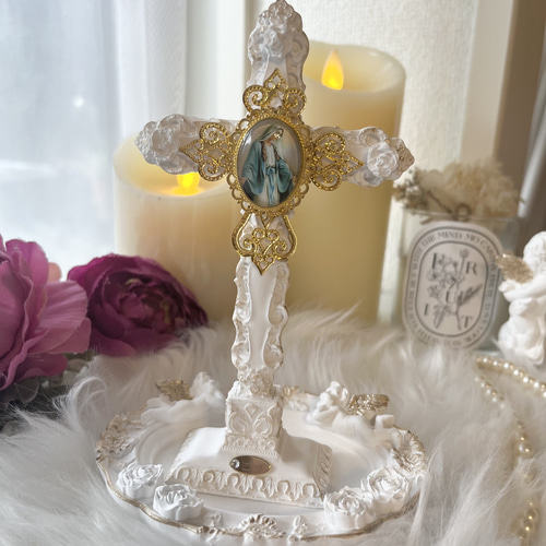 受注販売］十字架飾り アロマストーン 御守りオブジェ マリア様像