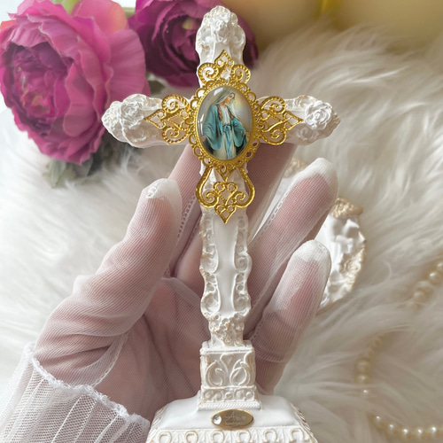 受注販売］十字架飾り アロマストーン 御守りオブジェ マリア様像
