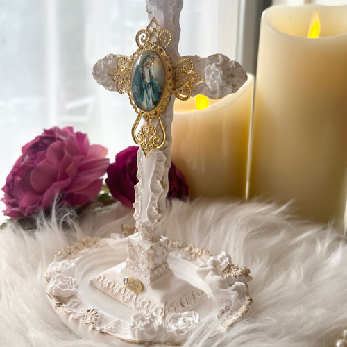 受注販売］十字架飾り アロマストーン 御守りオブジェ マリア様像