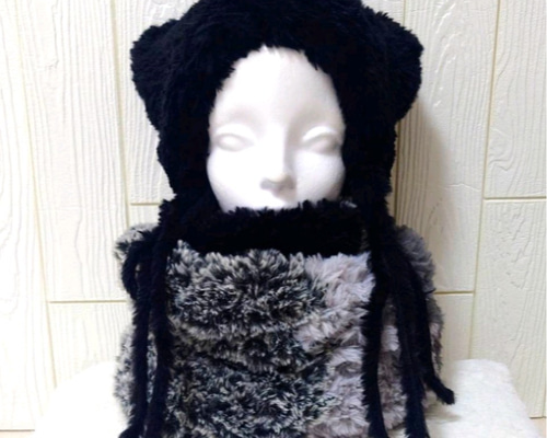 キャットスヌード　ハンドメイド　美品　スヌード キャットヤーンで編んだふわふわ4色2重巻きスヌード〈グレー