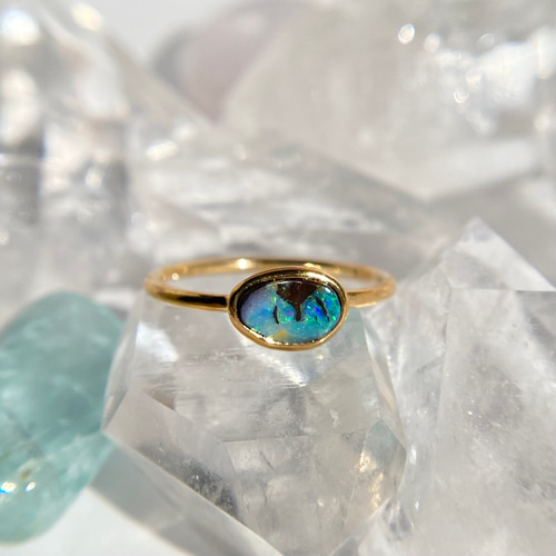 天然ボルダーオパールリング 15号 原石から磨いた1点ものジュエリー