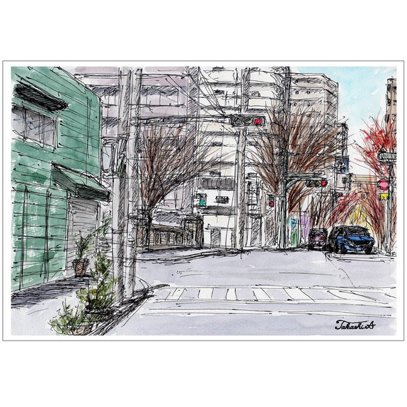 原画一点物 「冬の街でラフスケッチ」 ＜ペンスケッチ＋透明水彩