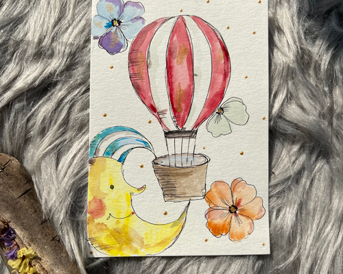 花と月の手描きアート 原画・手描きポストカード 月と気球と花 イラスト SISLA5 通販