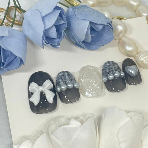 サイズオーダー♡キルティング×ツイードネイルチップ ブラック size  