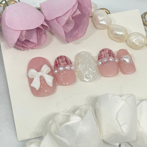 サイズオーダー♡キルティング×ツイードネイルチップピンク