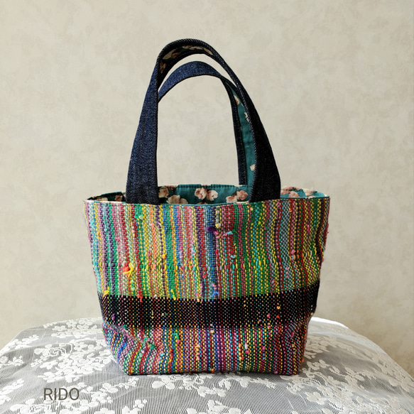 さをり織り×デニムのミニトートバッグ ボーダー トートバッグ RIDO