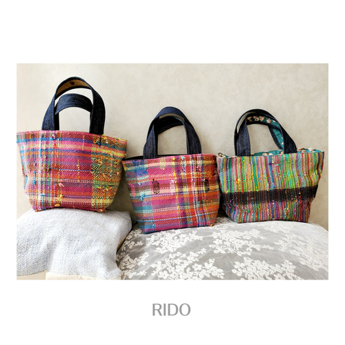 さをり織り×デニムのミニトートバッグ ボーダー トートバッグ RIDO