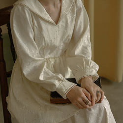 奶油色 月光玫瑰法式少女V領蛋糕連衣裙 海軍領長袖洋裝 含內裡 第19張的照片