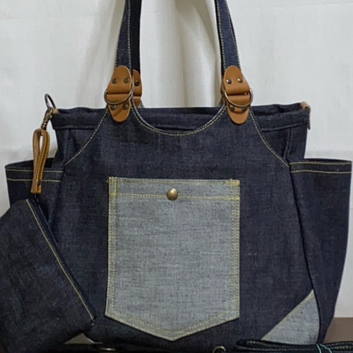 ☆ハンドメイド♪ ＊Mサイズ☆岡山デニム4way♪あおりバッグ☆ポーチ付き ☆ハンドメイド♪ ＊Mサイズ☆岡山デニム4way♪あおりバッグ